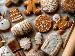 Assorted holiday gingerbread cookies with intricate white icing designs arranged on a rustic linen tablecloth with baking tools