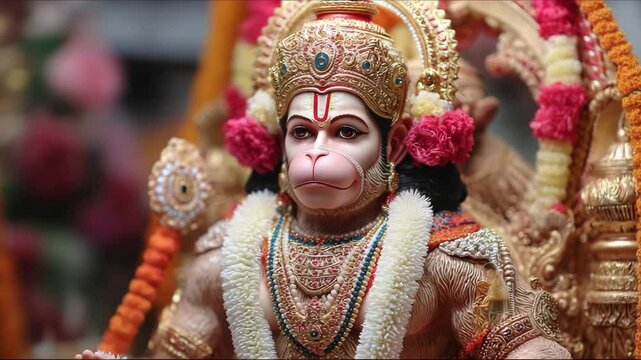 Detailed Hanuman idol decorated with gold jewelry and flowers, festive spiritual atmosphere &ndash; Hindu devotion, celebration, and religious faith concept