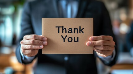 Business professional holding a thank you card.