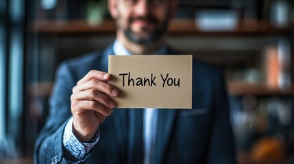 Businessman holds a thank you note.