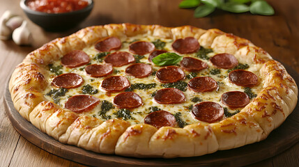 Freshly baked pepperoni pizza topped with melted cheese and fresh basil leaves spread evenly over the top. AI generated images.