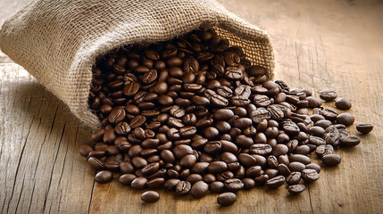 A sack of coffee beans spilled on a burlap sack shows the shiny surface of the beans resulting from the perfect roasting process. AI generated images.