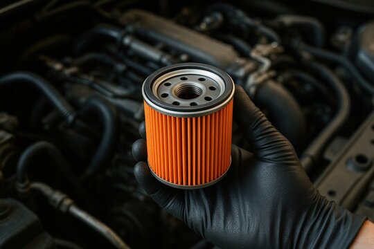 Holding New Oil Filter Before Installation shows car Maintenance and Service in Focus, a simple composition