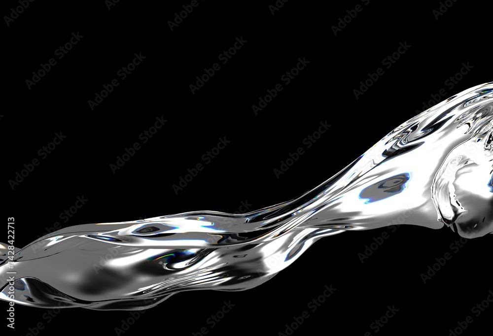 Aufkleber Metallic 3D illustration with fluid, silver waves flowing against a black background, creating a modern, abstract, and dynamic visual effect.