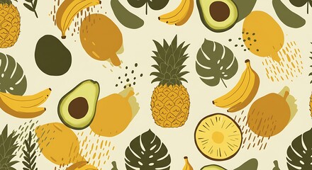 Vibrant Tropical Fruit Seamless Pattern Bananas, Pineapples, Avocados, and More!
