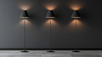 Three modern floor lamps illuminate a contemporary room.