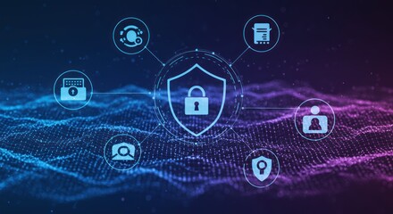 Security shield with padlock and icons on abstract blue and purple background.
