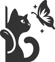 Playful cat with butterfly silhouette vector