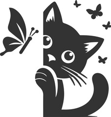 Playful cat with butterfly silhouette vector