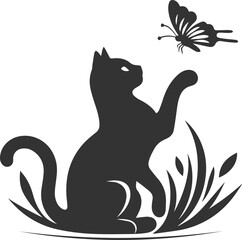 Playful cat with butterfly silhouette vector