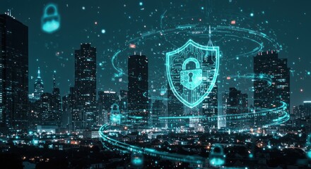 City skyline with digital security overlay featuring shield and padlock icons.