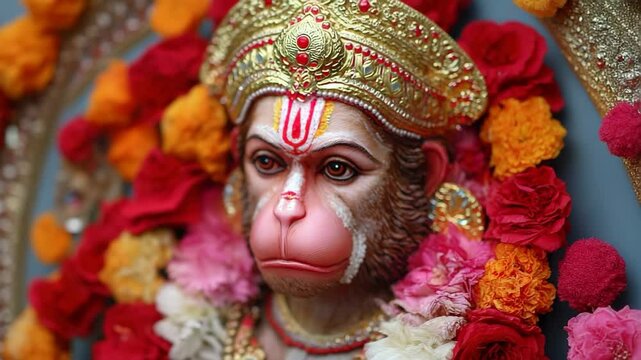 Hanuman idol adorned with vibrant flowers and gold crown, evoking devotion and spirituality &ndash; suitable for Hindu festival and religious concepts