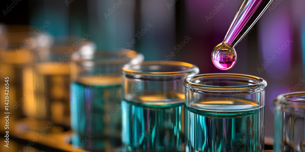 Poster close-up of pipette dropping liquid into test tubes filled with teal solution, showcasing scientific