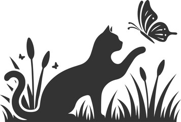 Playful cat with butterfly silhouette vector