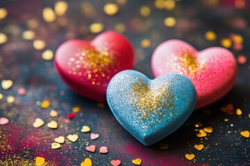 Fototapeta premium Colorful heart-shaped decorations featuring shimmering gold confetti ideal for romantic celebrations and valentine's day projects, perfect for love-themed crafts and creative designs