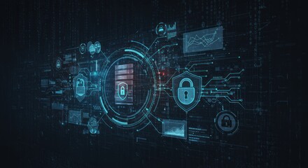 Digital security concept with server padlock and circuit board elements on dark background.