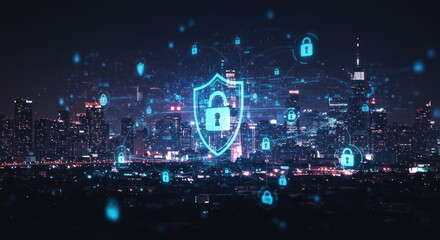 Digital shield with padlock over city skyline represents cybersecurity and data protection.