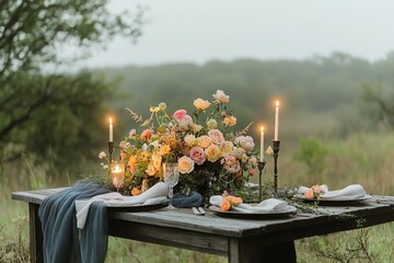 Rustic wedding table setup with candles, floral centerpiece and elegant tableware in an open meadow.