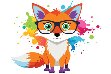 Colorful artistic fox  in colorful paint splatters on white background