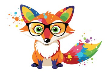 Colorful artistic fox  in colorful paint splatters on white background