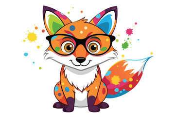 Colorful artistic fox  in colorful paint splatters on white background