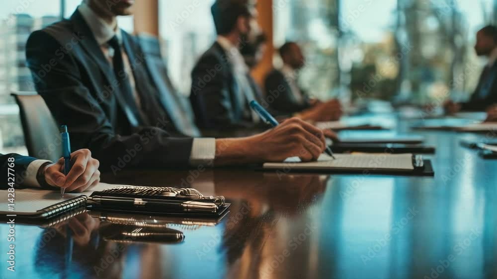 Aufkleber businesspeople in suits are diligently taking notes during a meeting, captured in a slow motion sequ