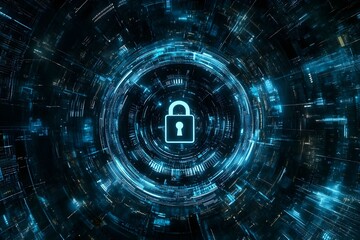 Fototapeta premium A shield with an lock symbol surrounded by blue digital lines and code patterns