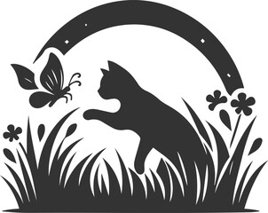 Playful cat with butterfly silhouette vector