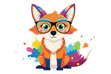 Colorful artistic fox  in colorful paint splatters on white background