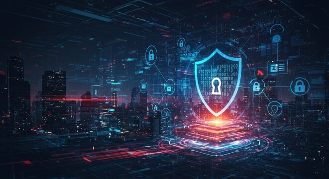 Digital shield with padlock icon representing cybersecurity over a futuristic cityscape.