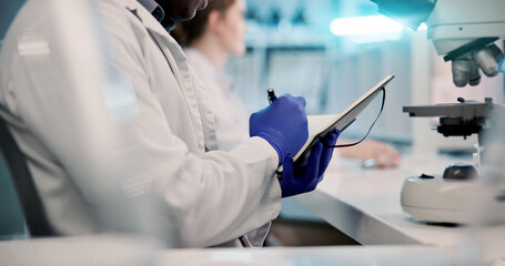 Scientist, writing and hands with notebook in laboratory for microscopic analysis, medical research...