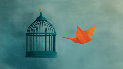 Empty teal birdcage hangs, orange origami bird flies free nearby Teal background symbolizes freedom, escape, new beginnings, hope, aspiration