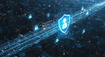 Digital shield graphic over city lights representing cybersecurity and data protection.