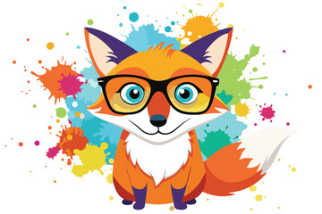 Colorful artistic fox  in colorful paint splatters on white background