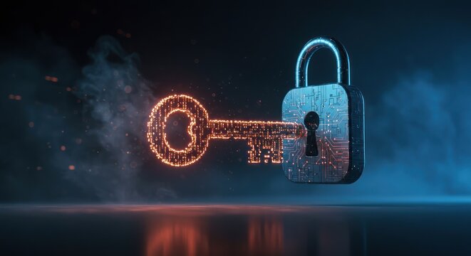 Glowing key and padlock security concept with dark background and smoke effects.