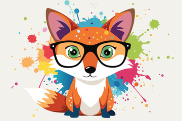 Colorful artistic fox  in colorful paint splatters on white background