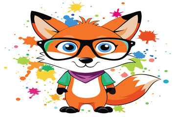 Colorful artistic fox  in colorful paint splatters on white background