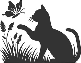 Playful cat with butterfly silhouette vector