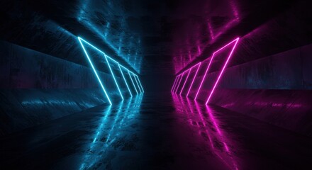 Abstract neon arrows point inward in a dark corner with textured walls.