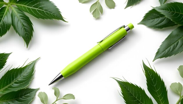 A lime green pen mockup isolated on a white background, featuring a sleek and modern design with a clickable top button and a comfortable grip for writing.