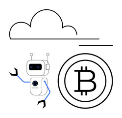Robot with mechanical arms, Bitcoin logo, and cloud illustration representing cryptocurrency, AI, fintech, blockchain, cloud computing, digital innovation and automation. Ideal for tech concepts