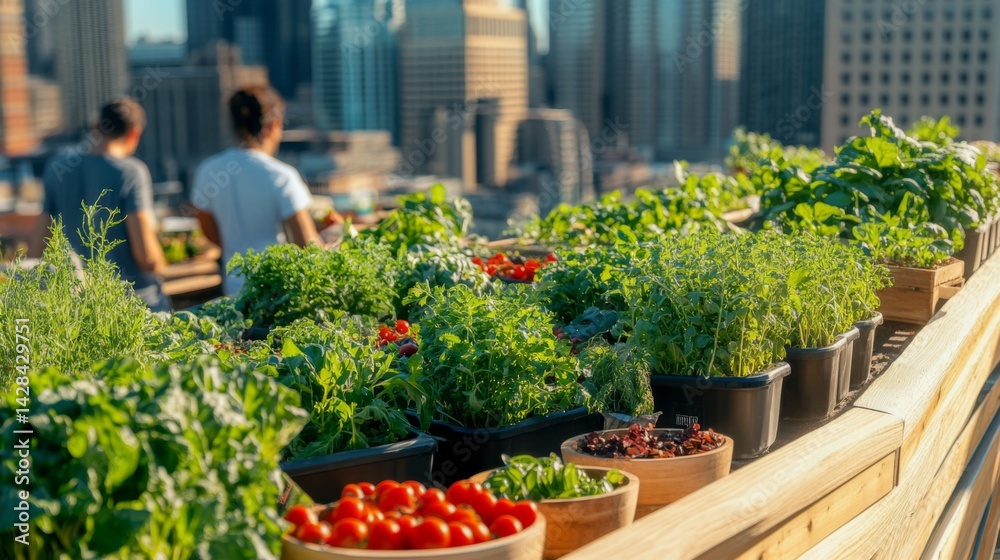 Poster rooftop garden in a smart city features an array of fresh herbs and vegetables, thriving in self suf