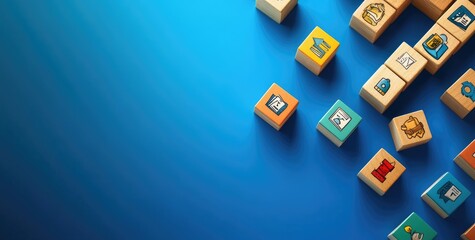 Colorful wooden blocks with various app icons on a blue background.