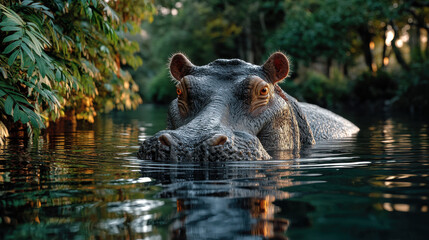 Fototapeta premium Close‑up hippopotamus resting in calm tropical river