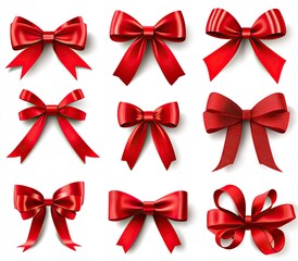 Twelve red ribbon bows, various styles, isolated on white.