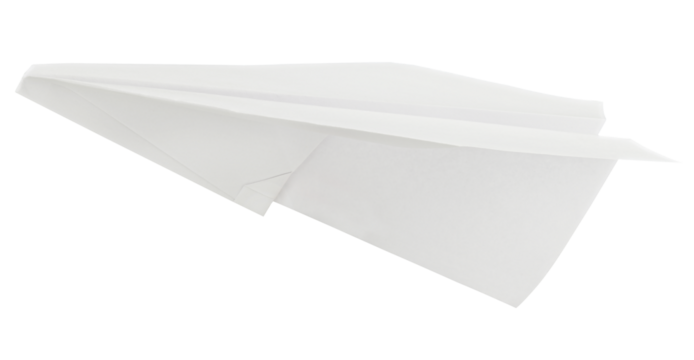 Paper airplane flying isolated on a transparent background. Completely in focus. Full depth of field. PNG.