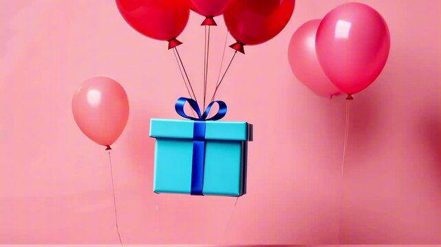 Vibrant gift box with blue ribbon and red balloons ascends against a pastel pink backdrop, creating a festive atmosphere, camera follows upward motion
