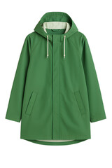 A green hooded raincoat with white drawstrings, displayed on a transparent background.