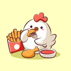 cute cartoon character chicken logo is eating vector for elements and sticker