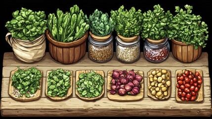 Herbs  Harvest Bountiful display of fresh herbs onions tomatoes  legumes on a rustic wooden shelf